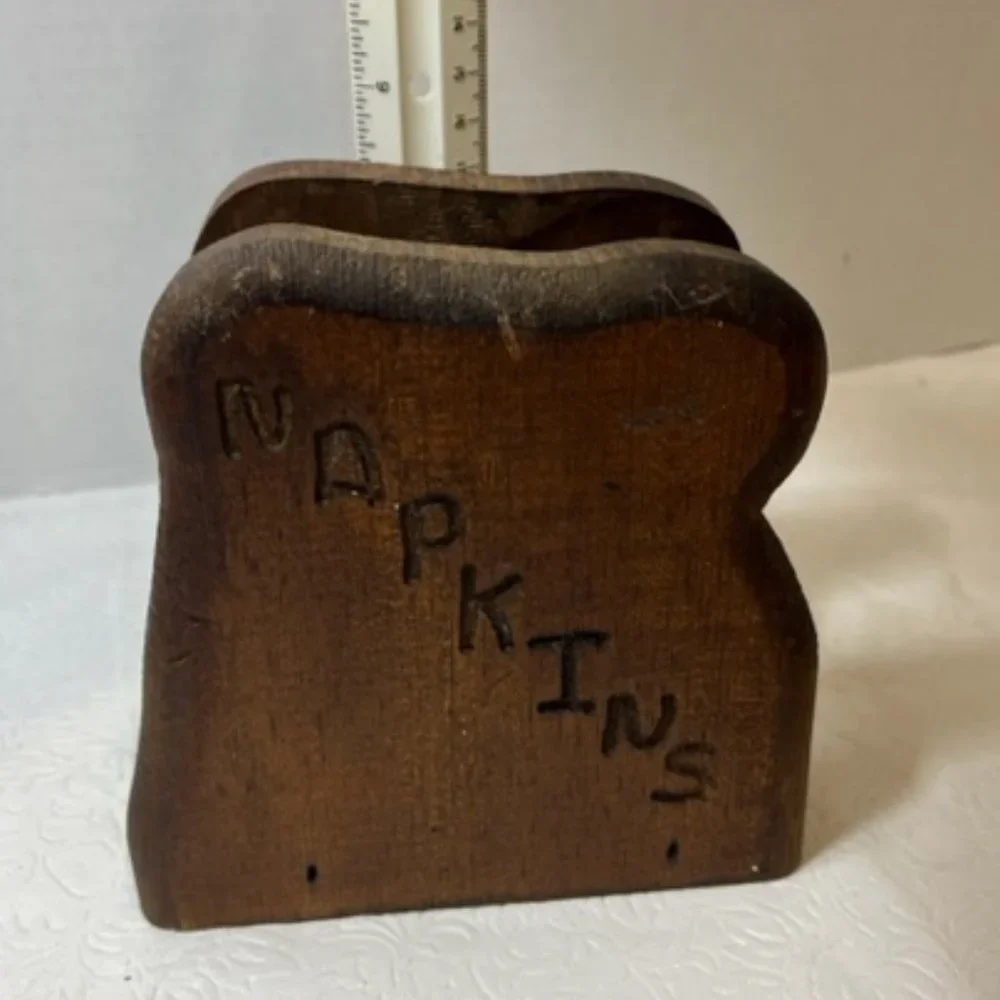 VTG Rustic Hand Carved Wooden Napkin Holder Dark Brown 5.5x3.25x5.5